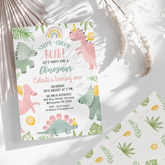 Invitation Jolie Rose Green Girls Dinosaur 1er anniversaire