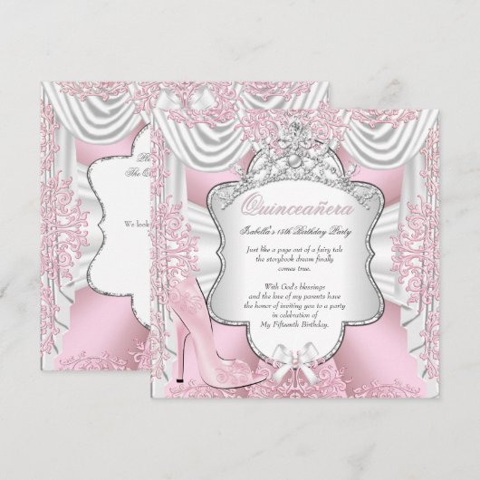 Invitation Jolie rose hauts talons Princesse Quinceanera 15e (Devant / Derrière)