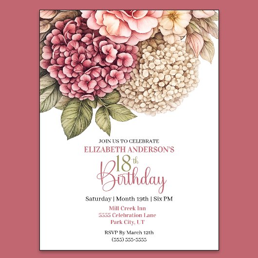 Invitation Jolie Rose Hydrangea 18e Anniversaire