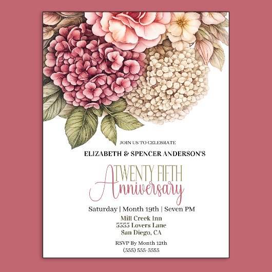 Invitation Jolie Rose Hydrangea 25e Anniversaire