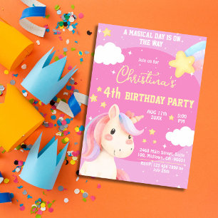 Invitation Jolie rose magique moderne licorne star 4e anniver