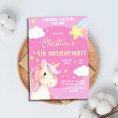 Invitation Jolie rose magique moderne licorne star 4e anniver