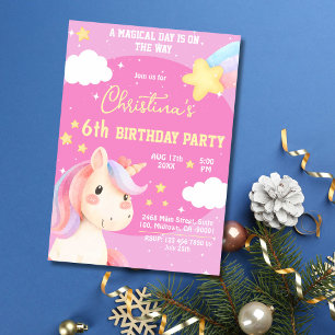 Invitation Jolie rose magique moderne unicorne étoile 6e anni