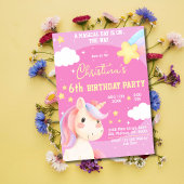 Invitation Jolie rose magique moderne unicorne étoile 6e anni