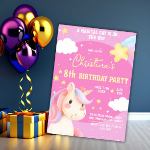 Invitation Jolie rose magique moderne unicorne star 8e annive