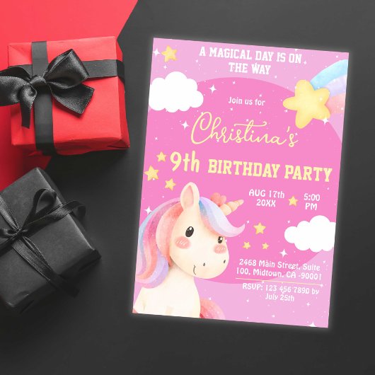 Invitation Jolie rose magique moderne unicorne star 9e annive