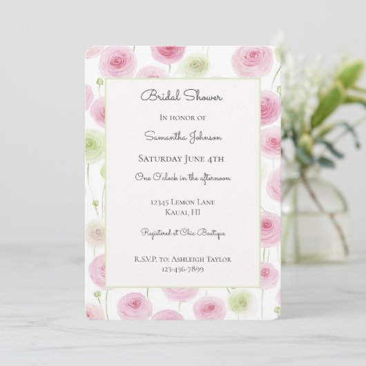 Invitation Jolie rose menthe Ranunculus floral Baby Shower de (Debout devant)