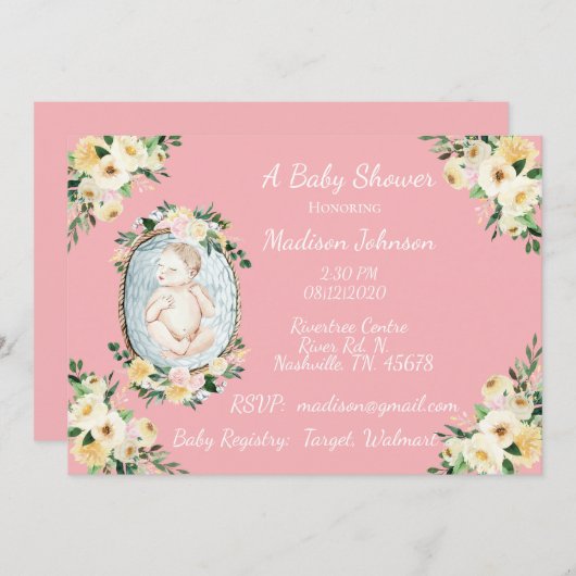 Invitation Jolie rose Nouveau-né bébé fille Douche (Devant / Derrière)