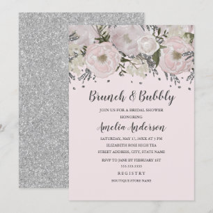 Invitation Jolie rose pâle argent floral brunch et pétillant