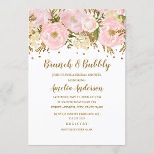 Invitation Jolie rose pâle or floral brunch et pétillant