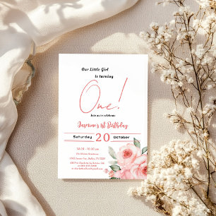 Invitation Jolie Rose Roseau Aquarelle Bébé Fille 1er Anniver