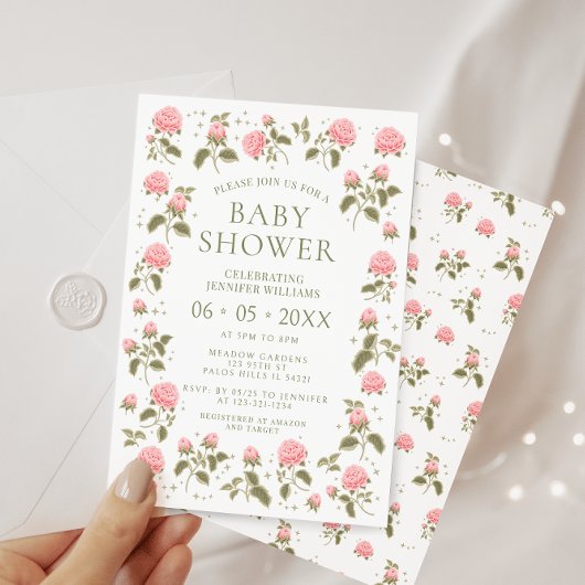 Invitation Jolie rose roses bohème fleurie bébé douche