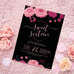 Invitation Jolie rose Roses Floral Black Sweet 16<br><div class="desc">Cette invitation élégante et girly sweet sixteen anniversaire est parfaite pour toute saison : printemps, été, automne et hiver. Le design comprend des roses et des feuilles sur le dessus et le bas de l'invitation avec une typographie unique et délicate. Les couleurs sont le rose pâle, le rose néon et...</div>