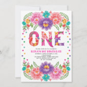 Invitation Jolie rose violet florale Fiesta Girl 1er annivers (Devant)