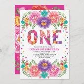 Invitation Jolie rose violet florale Fiesta Girl 1er annivers (Devant / Derrière)