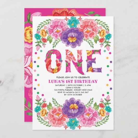 Invitation Jolie rose violet florale Fiesta Girl 1er annivers (Devant / Derrière)