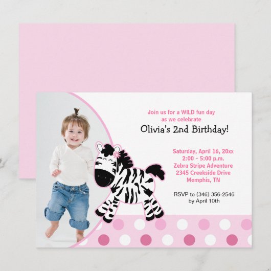 Invitation Jolie rose Zebra Girl Photo Anniversaire Invitatio (Devant / Derrière)