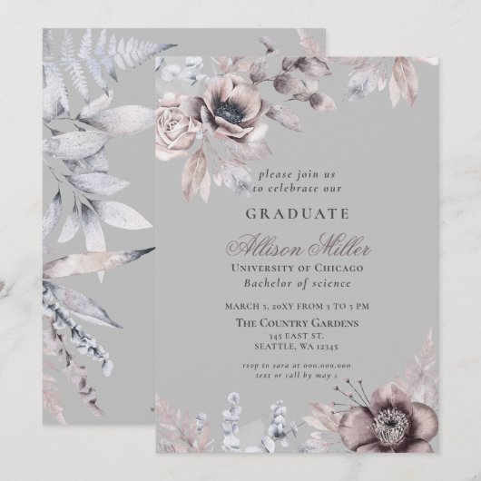 Invitation Jolie Silver Grey Mauve Floral Graduation Party (Devant / Derrière)