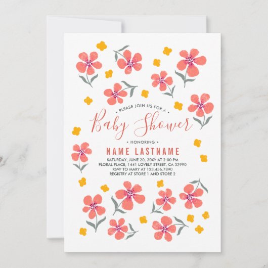 Invitation Jolie simple folk Rouge jaune Baby shower fleurs (Devant)