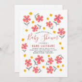 Invitation Jolie simple folk Rouge jaune Baby shower fleurs (Devant / Derrière)