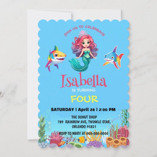 Invitation Jolie Sirène requin arc-en-ciel fête d'anniversair (Devant)