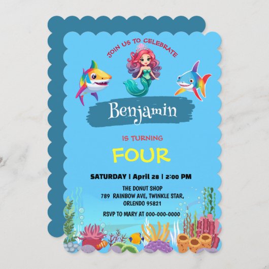 Invitation Jolie Sirène requin arc-en-ciel fête d'anniversair (Devant / Derrière)