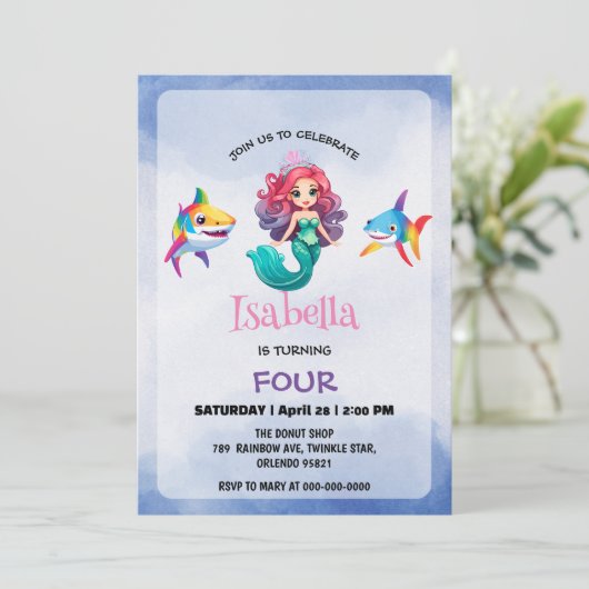 Invitation Jolie Sirène requin arc-en-ciel fête d'anniversair (Debout devant)