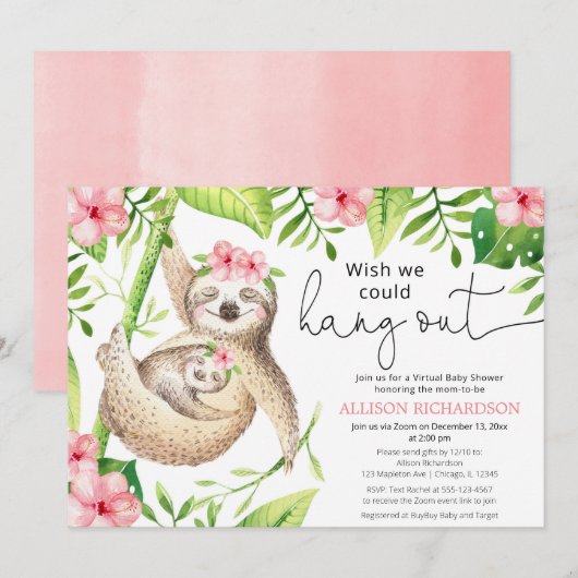 Invitation Jolie Sloth baby shower virtuel fille tropicale ro (Devant / Derrière)