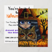 Invitation Jolie sorcière à l'oeil fille et hibou Halloween W (Devant / Derrière)