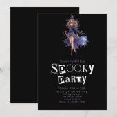 Invitation Jolie sorcière adulte bleu et noir Halloween (Devant / Derrière)