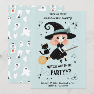 Invitation Jolie sorcière avec la fête du Pun Halloween