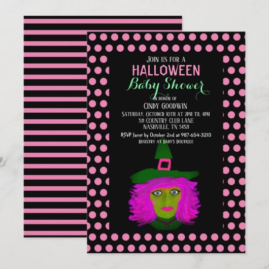Invitation Jolie sorcière d'Halloween Baby shower de fille ro (Devant / Derrière)