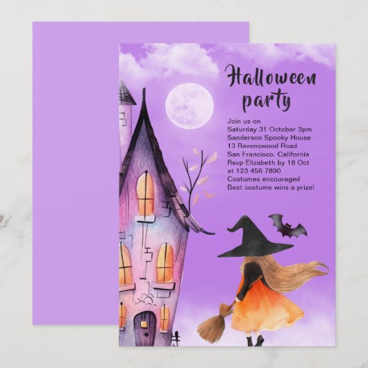 Invitation Jolie Sorcière Enfants Halloween Party Purple (Devant / Derrière)