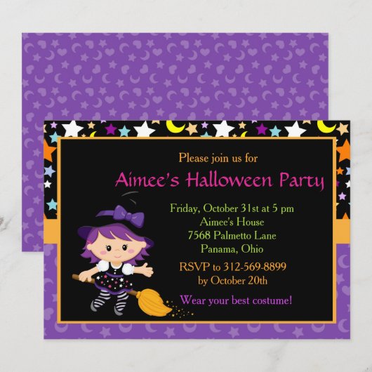 Invitation Jolie Sorcière Halloween Costume Party (Devant / Derrière)