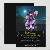 Invitation Jolie sorcière Pleine lune Chat noir Halloween noi (Devant / Derrière)