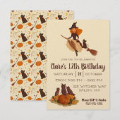 Invitation Jolie sorcière sur Broomstick fête d'anniversaire (Devant / Derrière)
