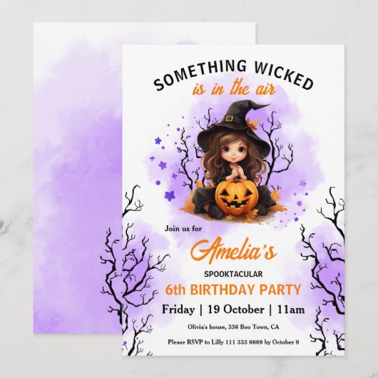 Invitation Jolie Sorcière violet orange Halloween Anniversair (Devant / Derrière)