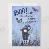 Invitation Jolie sorcière violette pour enfants à Halloween (Devant)