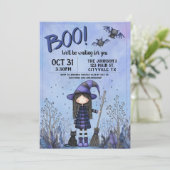 Invitation Jolie sorcière violette pour enfants à Halloween (Debout devant)