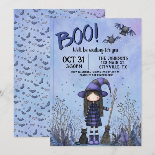 Invitation Jolie sorcière violette pour enfants à Halloween (Devant / Derrière)
