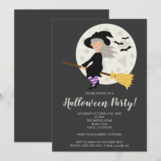 Invitation Jolie Sorcière Volant Sur Une Partie D'Halloween B (Devant / Derrière)