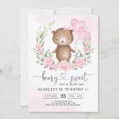 Invitation Jolie Teddy Bear Girl Birthday Heart Balloons Part (Devant)