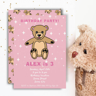 Invitation Jolie Teddy Bear Rose Girl Anniversaire