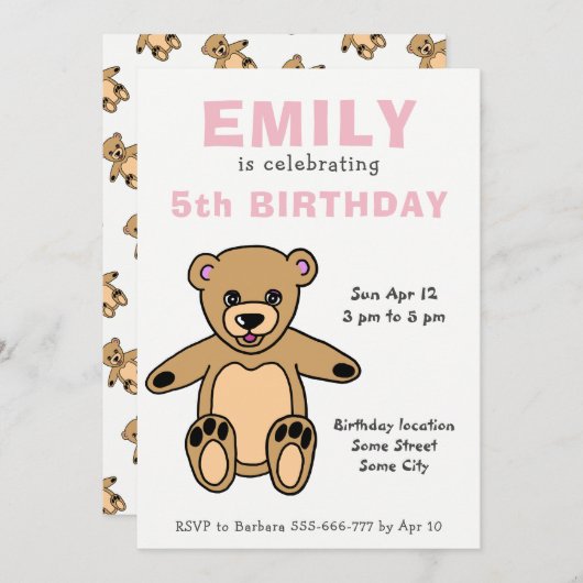 Invitation Jolie Teddy Bear Rose Girl Anniversaire (Devant / Derrière)