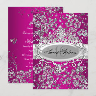 Invitation Jolie Tiara Fleurs étincelantes Rose Sweet 16 fête