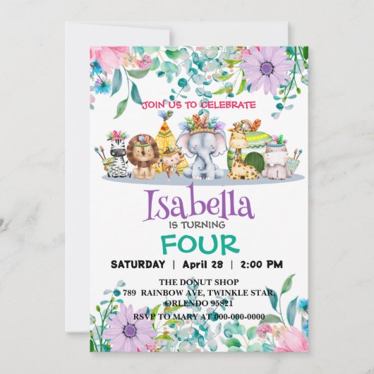 Invitation Jolie tribu jungle Animaux Fleur d'anniversaire po (Devant)