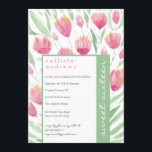 Invitation Jolie Tulipe verte rose Florale Aquarelle douce 16<br><div class="desc">Cette invitation à fêter l'été et le sweet sixteen du printemps, élégante et moderne, est parfaite pour une jeune fille branchée et élégante. Il présente des fleurs de tulipe et des feuilles d'aquarelle vert fougère et rose-baies peintes à la main, rose-rousse, jaune doré et vert fougère sur un simple arrière...</div>