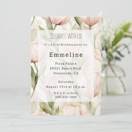 Invitation Jolie Tulipes à Crème Rose Bleue Fleur Anniversair (Debout devant)