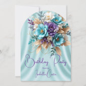Invitation Jolie Turquoise Bleu Violet Blanc Fleurs d'Anniver (Devant)