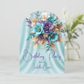 Invitation Jolie Turquoise Bleu Violet Blanc Fleurs d'Anniver (Debout devant)